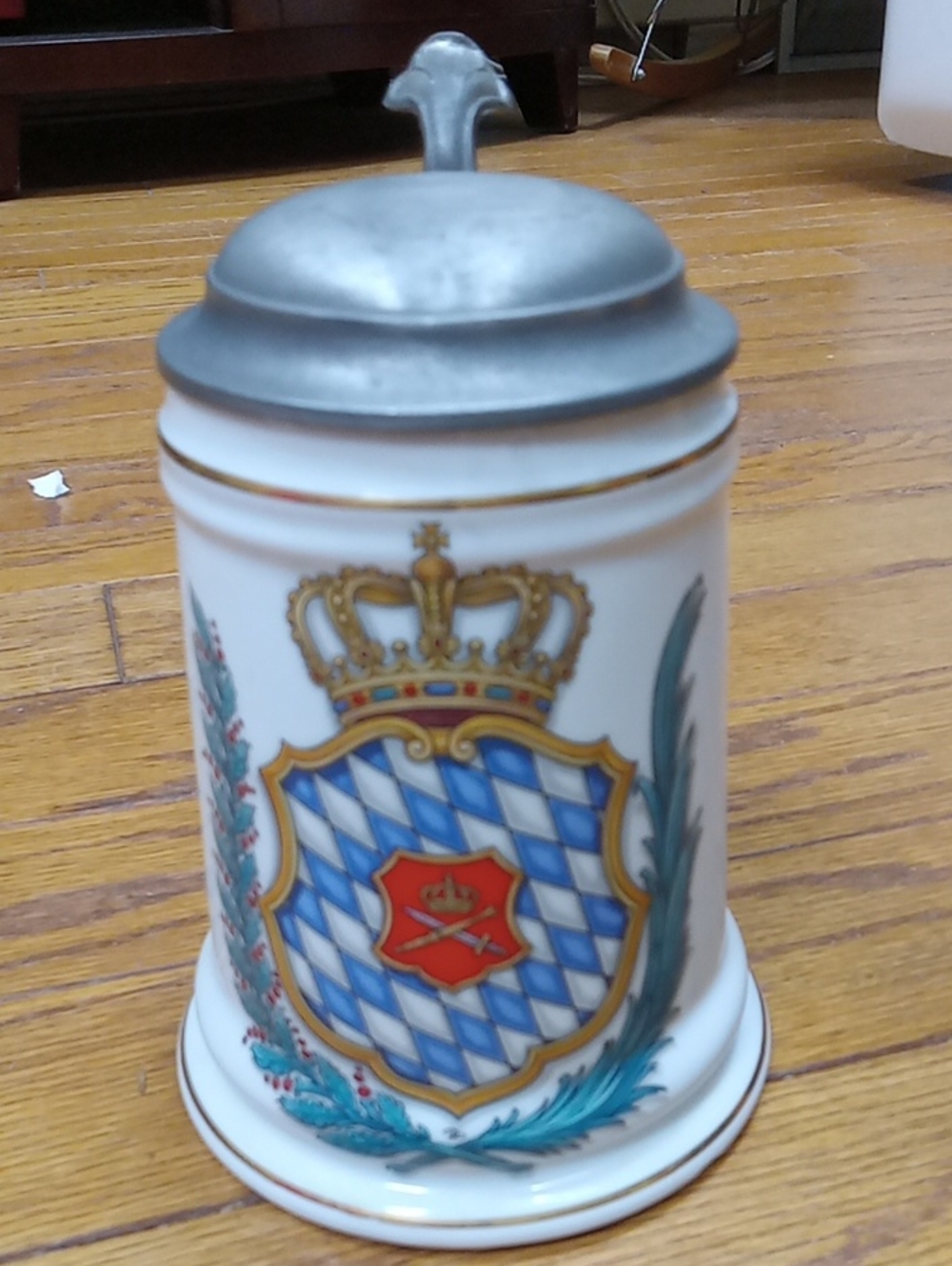 Vintage Porcelain German Beer Stein with Pewter Lid – Bavarian Coat of Arms